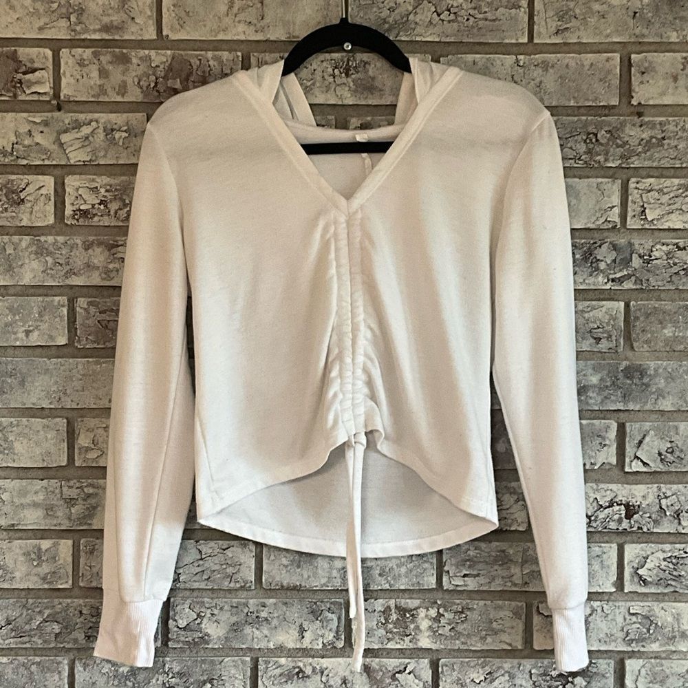 Marika White Long Sleeve Asymmetrical Tie Front Hoodie